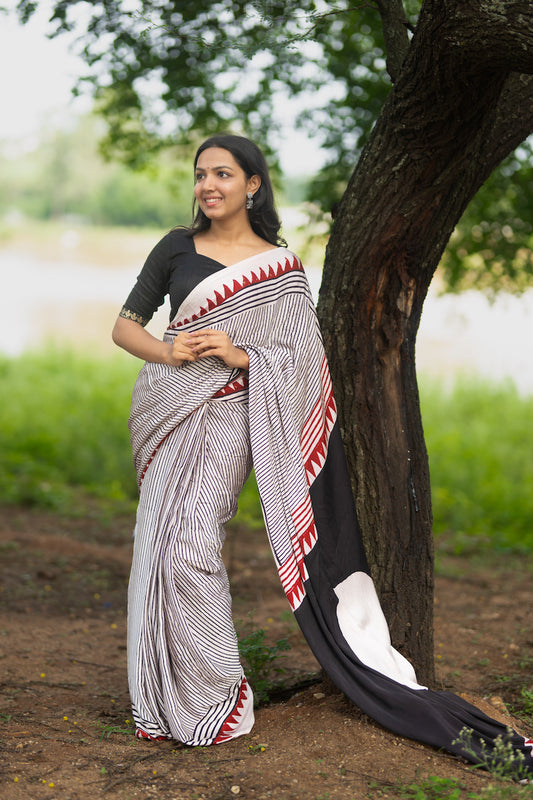 White Modal Silk Ajrakh Saree