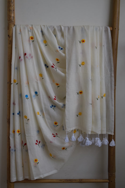Off White Embridery Mul Cotton Saree with tassels