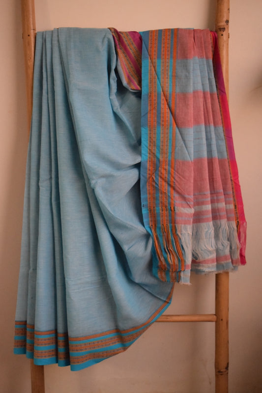 Sky Blue Pattada Anchu Cotton Saree with Gomedadi Border