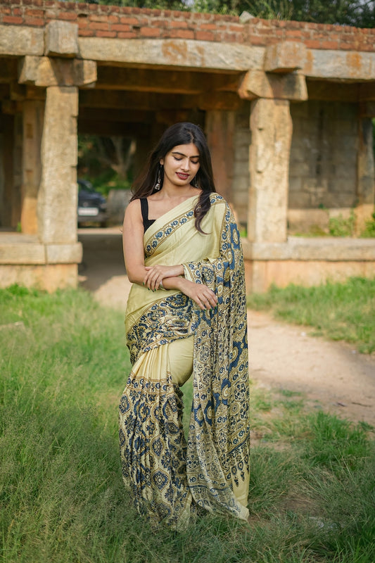 Light Yellow Modal Silk Half and Half Saree