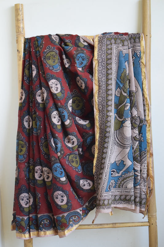 Red Cotton Kota Doriya Kalamkari Saree