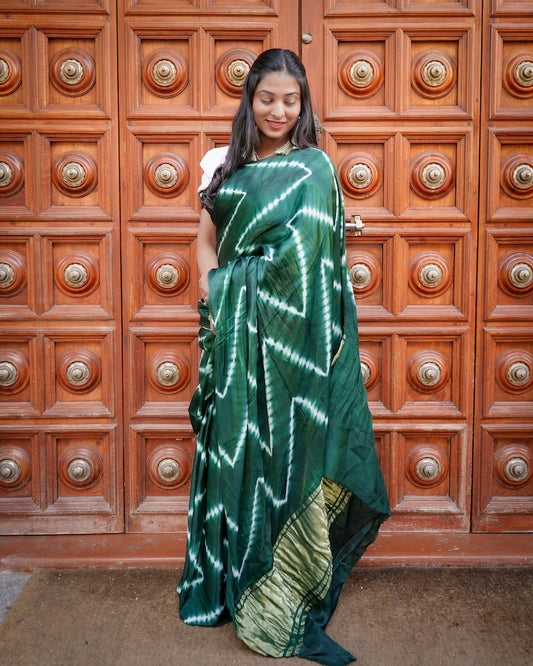 Bottle Green Lehariya Modal Silk Shibori Saree
