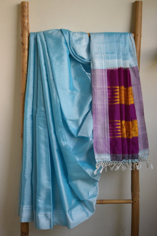 Sky Blue Ilkal Viscose Saree with Chikki Paras Border