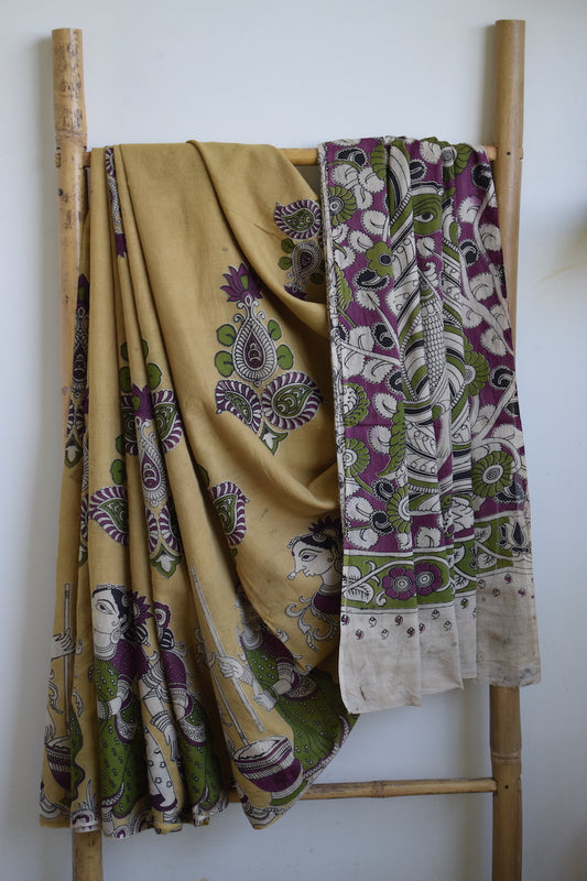 Yellow Kalamkari Printed Mul Cotton Saree