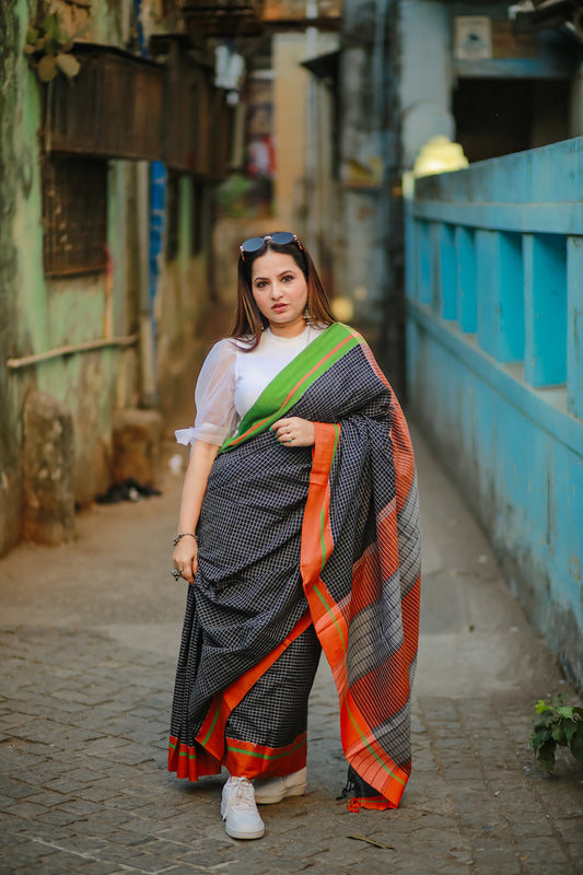 Black Pattada Anchu Cotton Saree with Orange & Green border