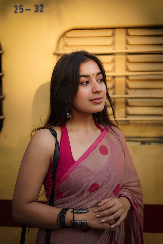 Cinnamon Polka Dots Mul Cotton Saree with tassels