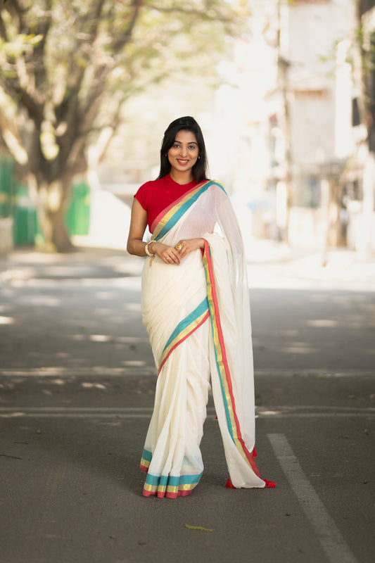 Off White Mul Cotton Saree with tassels
