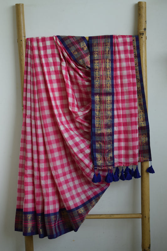Pink & White Checks Mul Cotton Saree with border