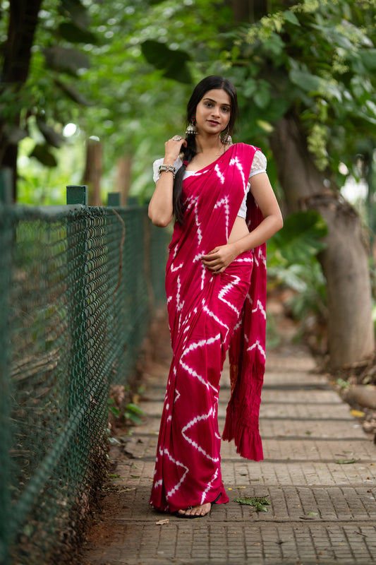 Bright Pink Lehariya Modal Silk Shibori Saree