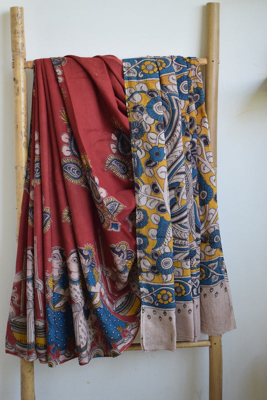Red Kalamkari Printed Mul Cotton Saree