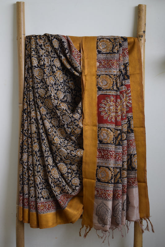 Black Kalamkari Chennuri Silk Saree with Nizam Border