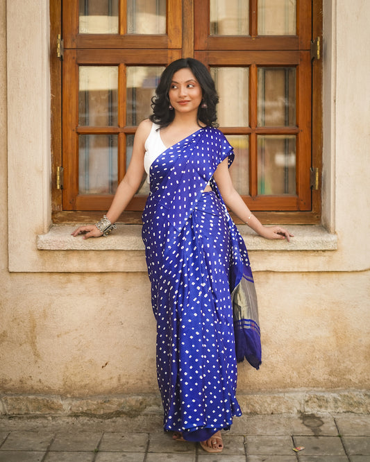 Navy Blue Modal Silk Bandhani Saree