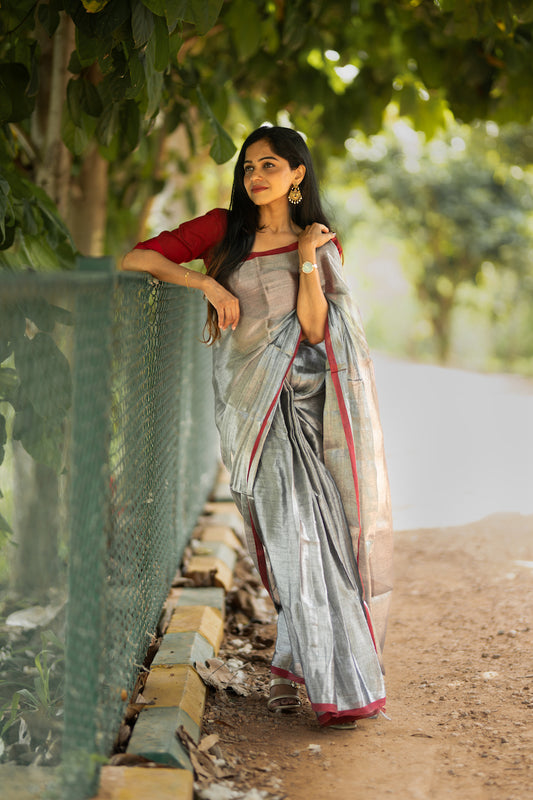 Steel Grey Tissue Cotton Saree