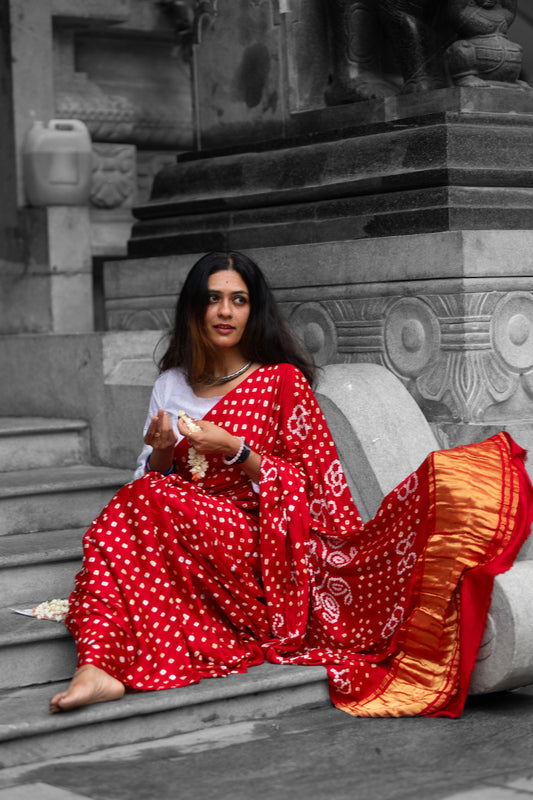 Red Modal Silk Bandhani Saree