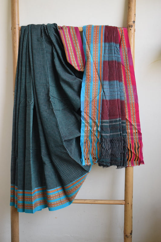 Bottle Green Pattada Anchu Cotton Saree with Gomedadi Border