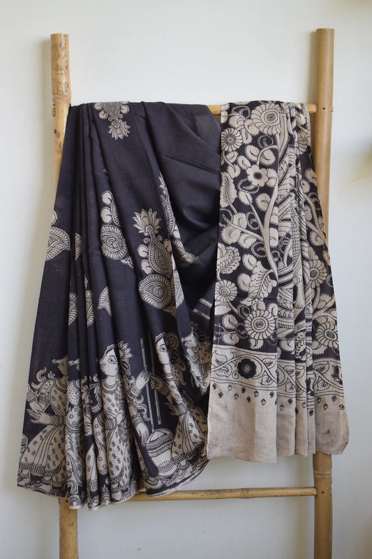 Black Kalamkari Printed Mul Cotton Saree