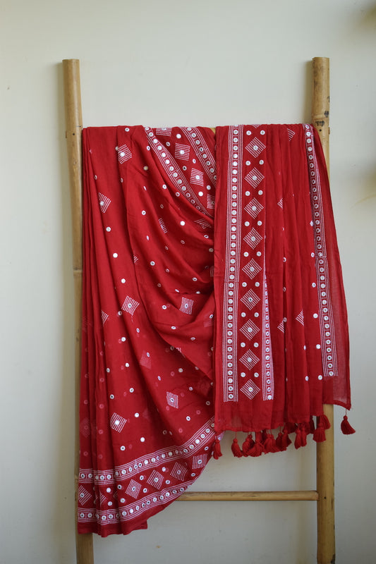 Red Embroidery with Mirror Work Mul Cotton Saree with tassels