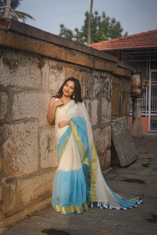 White Mul Cotton Saree with tassels