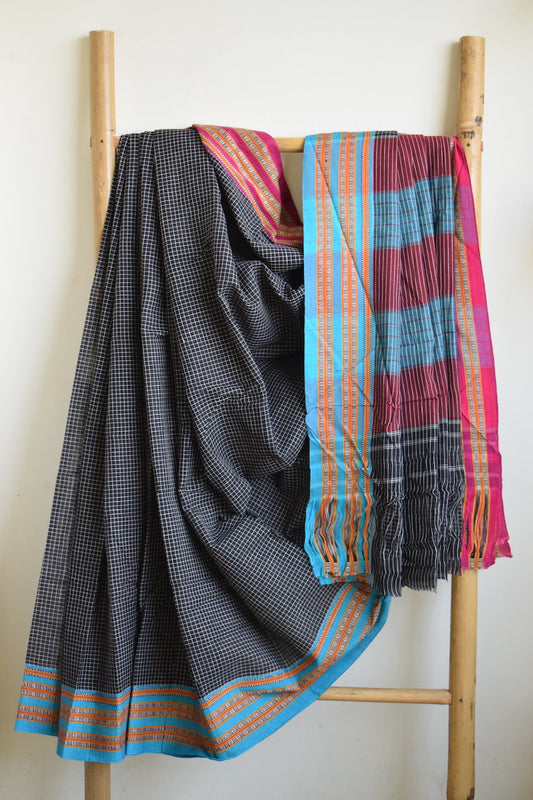 Black Pattada Anchu Cotton Saree with Gomedadi Border