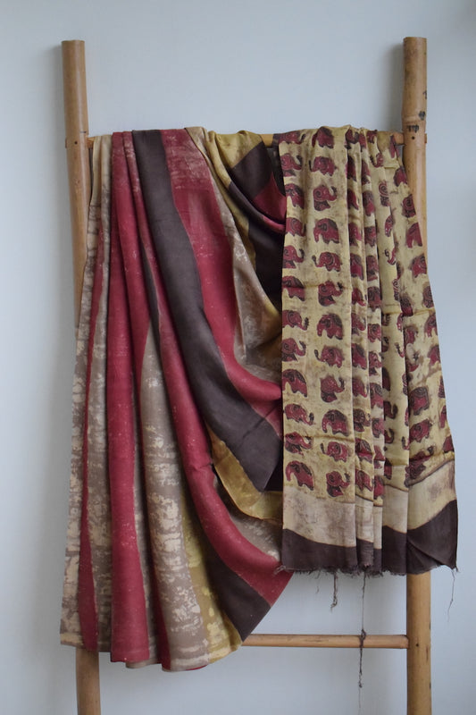 Yellow - Red Pomegranate Peel Print Modal Silk Saree