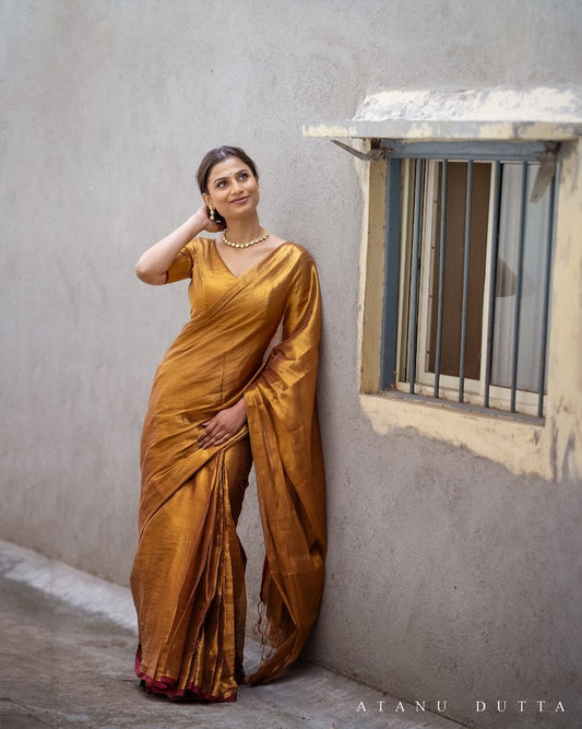 Copper Tissue Cotton Saree