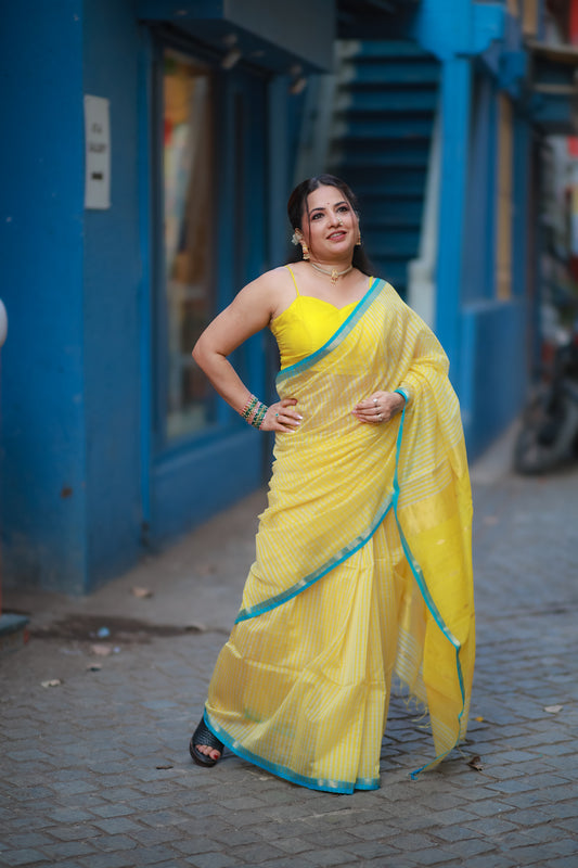 Yellow Checks Maheshwari Silk Cotton Saree