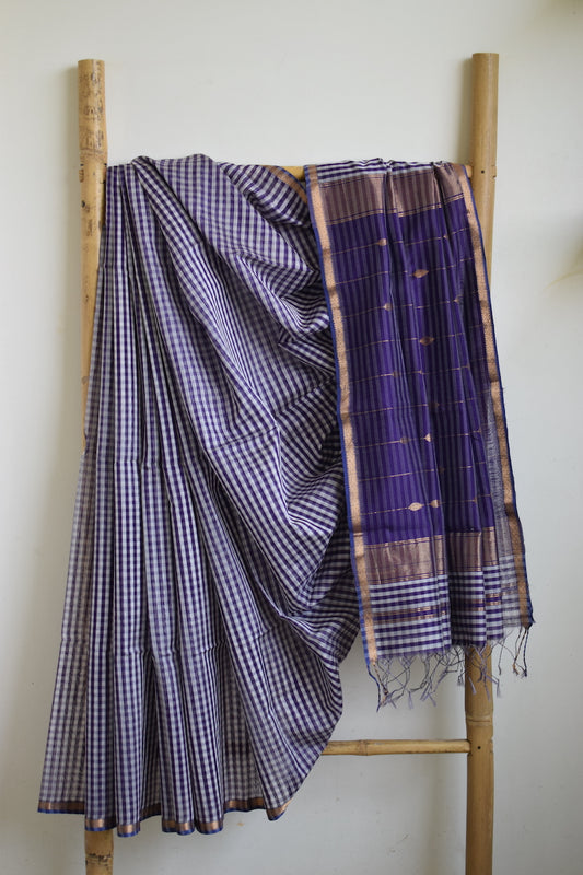 Purple Checks Maheshwari Silk Cotton Saree