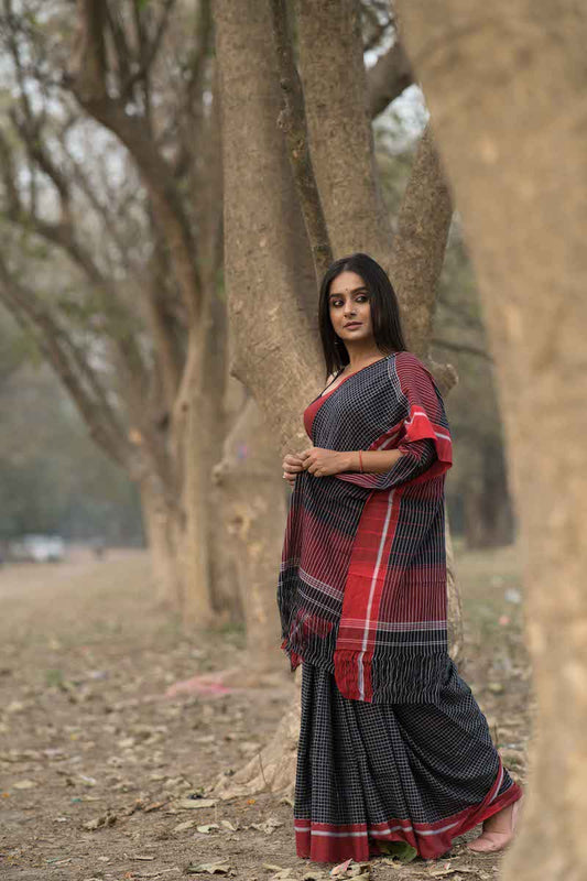Black Pattada Anchu Cotton Saree with Red border