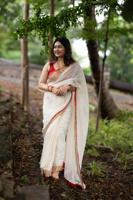 Off White Mul Cotton Saree with tassels
