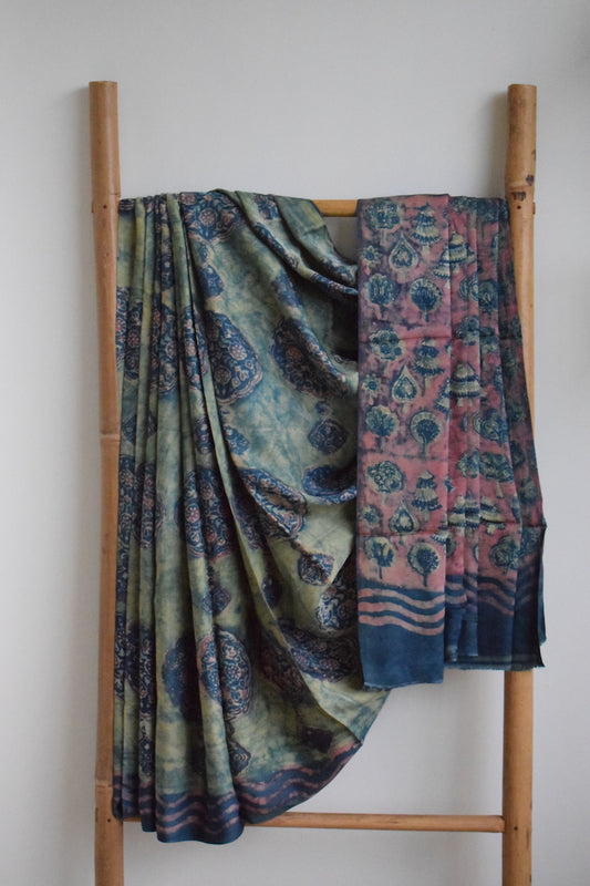 Turquoise Pomegranate Peel Print Modal Silk Saree