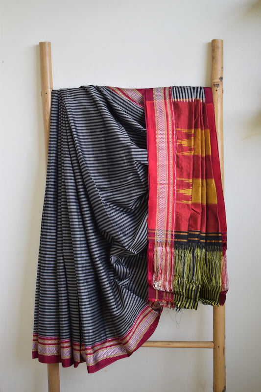 Grey and Black Ilkal Viscose Saree with Chikki Paras Border