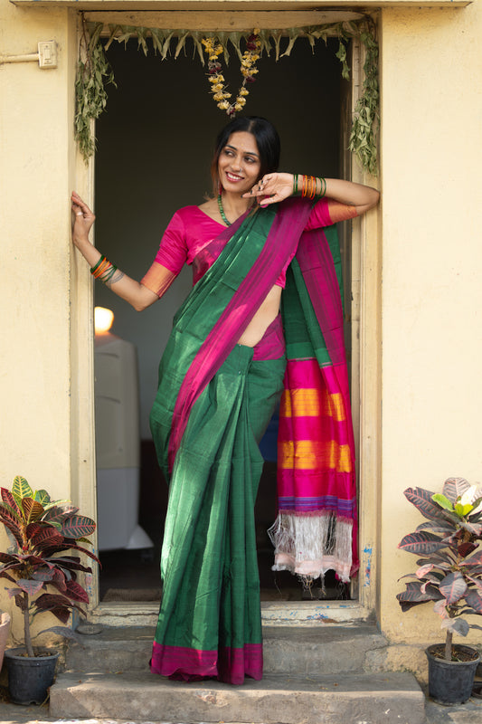 Green Ilkal Viscose Saree with Chikki Paras Border