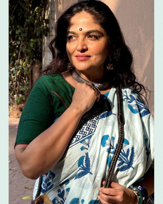 Light Blue Printed Mul Cotton Saree