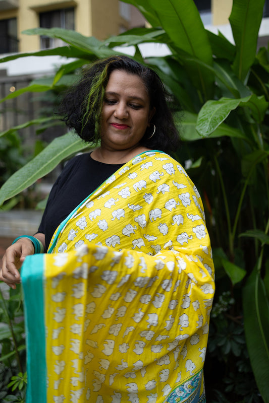 Yellow Printed Mul Cotton Saree
