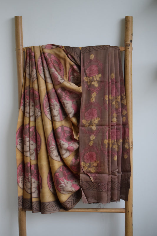 Yellow Pomegranate Peel Print Modal Silk Saree