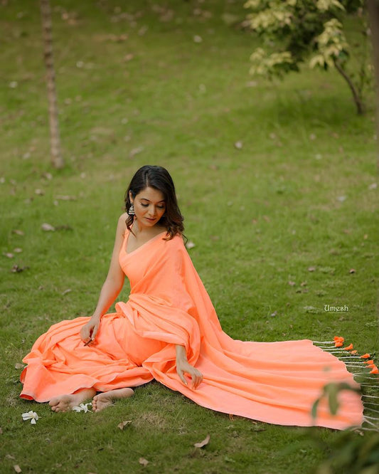 Coral Plain Cotton Saree