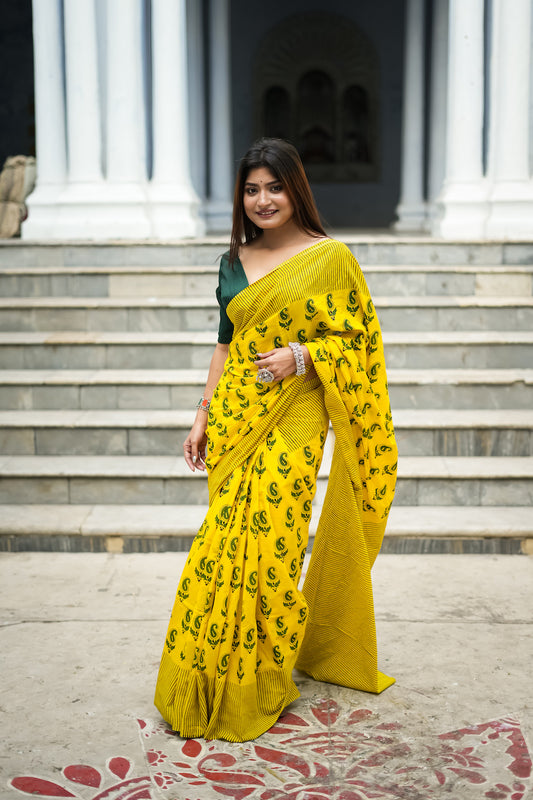 Yellow Printed Mul Cotton Saree