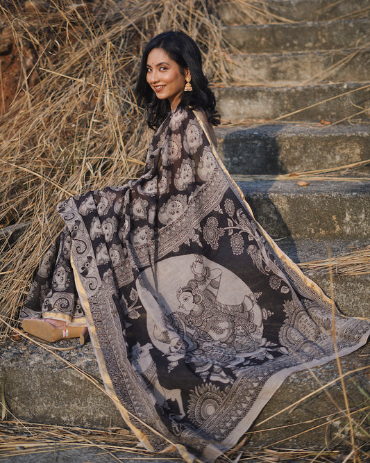 Black Cotton Kota Doriya Kalamkari Saree