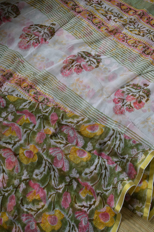 Green Bagru Printed Chiffon Saree