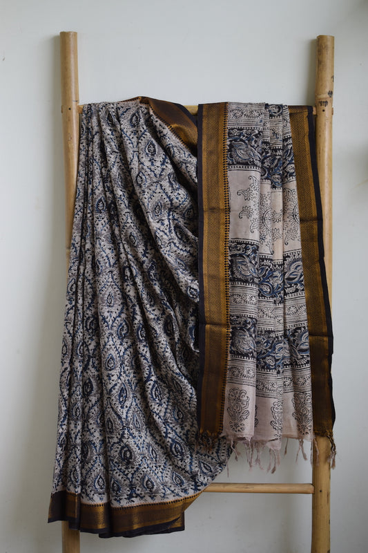 White Kalamkari Chennuri Silk Saree with Nizam Border
