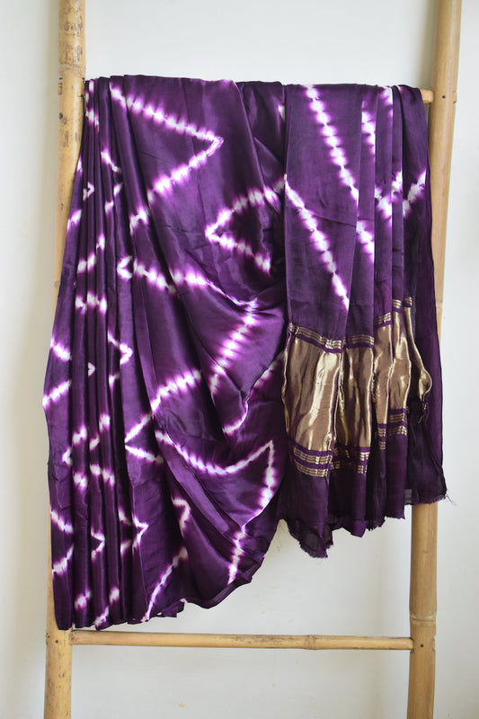 Dark Purple Lehariya Modal Silk Shibori Saree