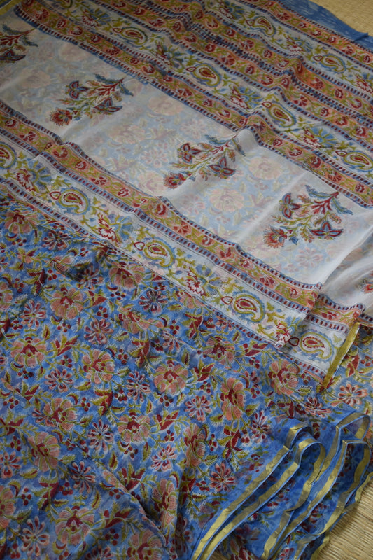 Blue Bagru Printed Chiffon Saree