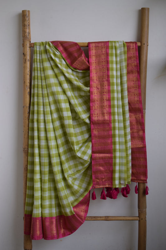 Green & White Checks Mul Cotton Saree with border