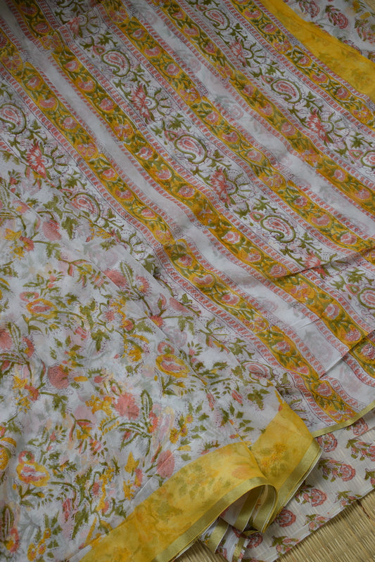 White Bagru Printed Chiffon Saree