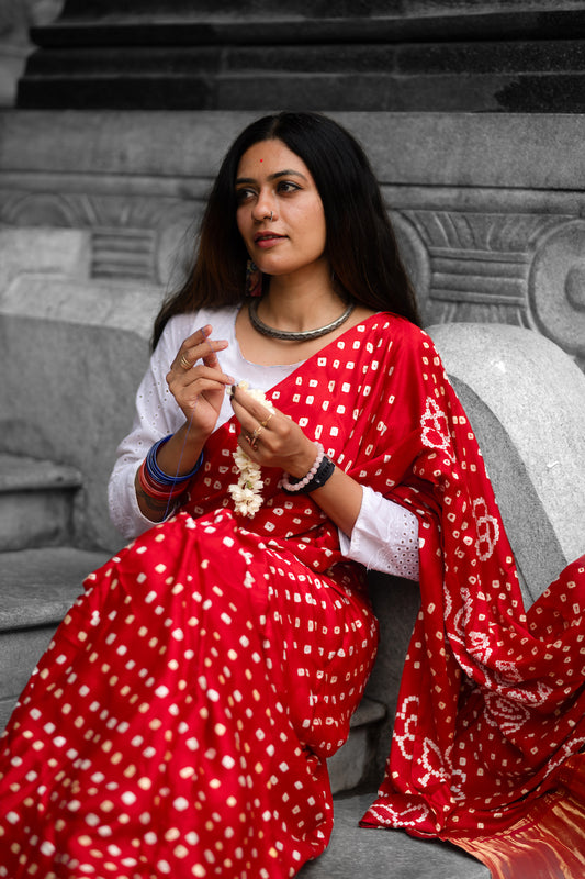 Red Modal Silk Bandhani Saree
