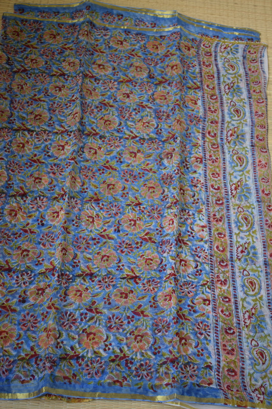 Blue Bagru Printed Chiffon Saree
