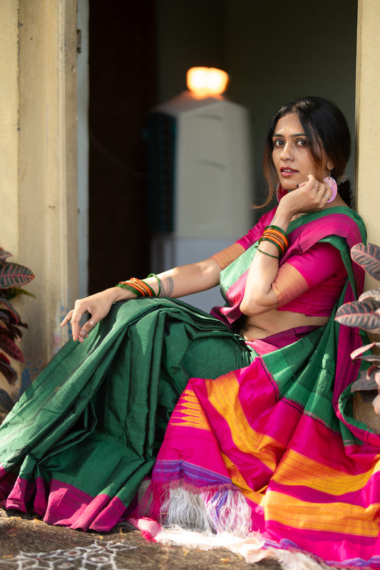 Green Ilkal Viscose Saree with Chikki Paras Border