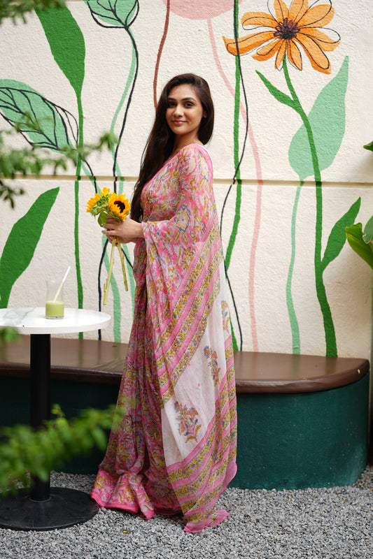 Pastel Pink Bagru Printed Chiffon Saree