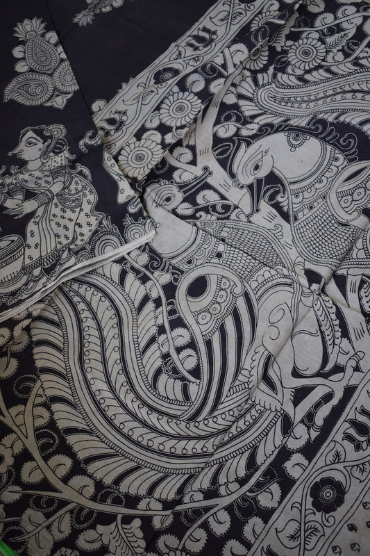Black Kalamkari Printed Mul Cotton Saree