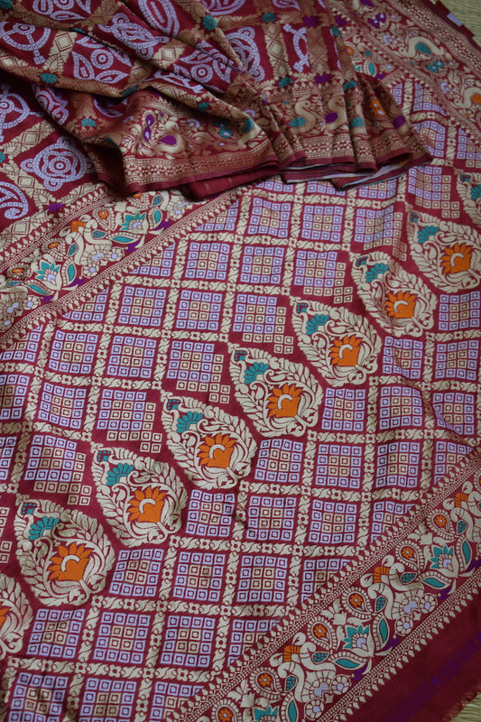 Red Malai Silk Bandhani Weaving Saree
